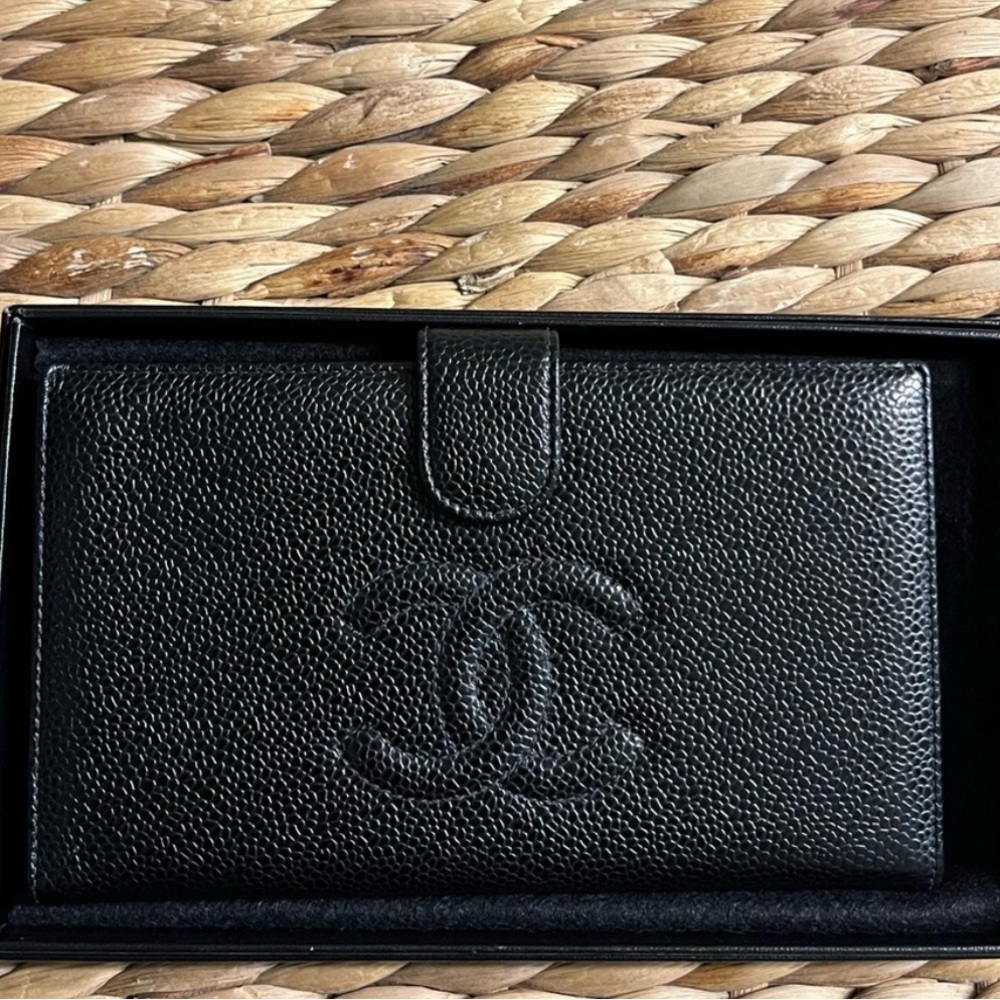 CHANEL Black Leather Wallet with Gold Detail